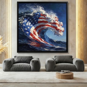 Impasto American Flag Wave Oil Painting,Patriotic Ocean Crashing Wave Canvas,1776-2026 America 250 Art,Coastal Freedom Wall Decor