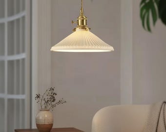 Lámpara colgante de cerámica blanca de estilo japonés, lámpara colgante plisada, lámpara de techo con acabado de cobre pulido, iluminación para cocina, sala de estar y dormitorio.