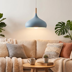 Nordic Scandinavian Style Ceiling Pendant Light, Aluminum and Wood, Hanging Lamp for Living Room, Bedroom, Office, Kitchen, E27 Socket, Black, White, Blue