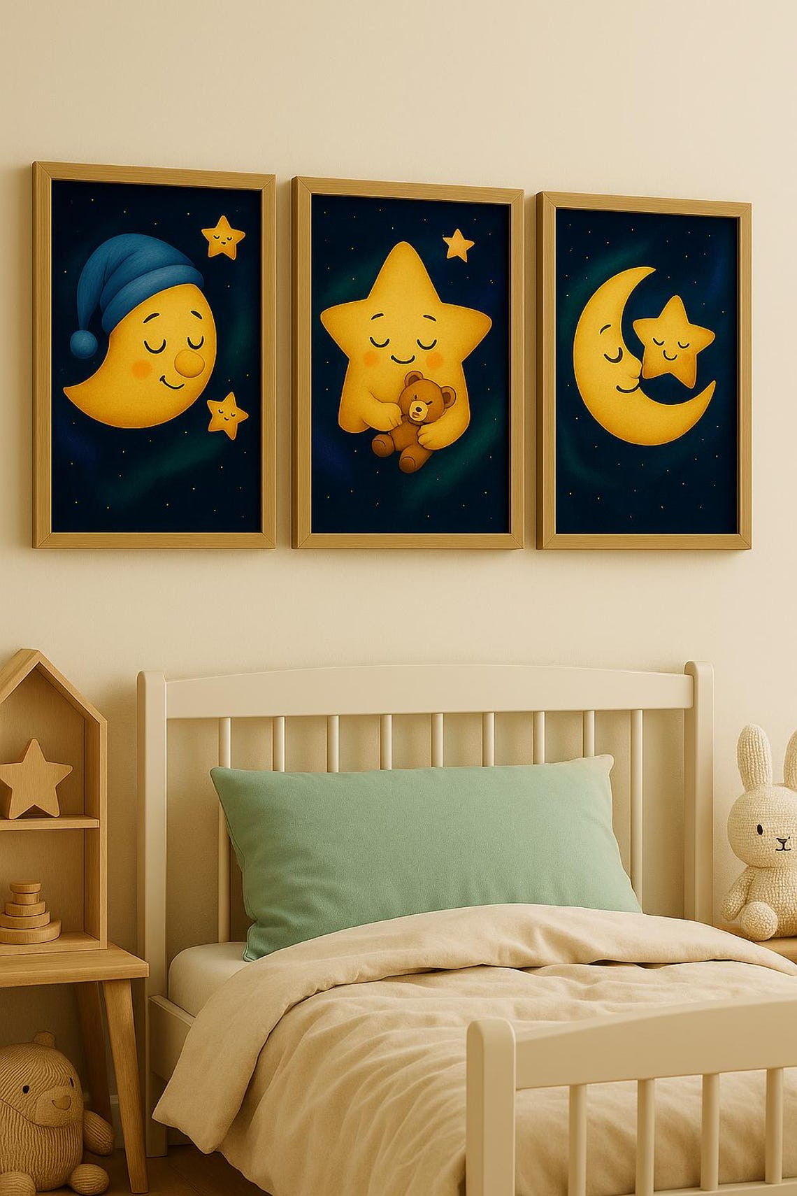 Sleepy Moon & Stars Nursery Wall Art – 3-piece Set | Cute Night Sky ...