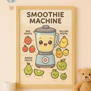 Könnte beinhalten: Ein gerahmter Druck mit einer Cartoon-Smoothie-Maschine mit einem lächelnden Gesicht. Der Druck trägt die Aufschrift "Smoothie Machine" und zeigt rote, gelbe und grüne Früchte. Ein Teddybär und ein dekorativer Heißluftballon sind im Hintergrund.