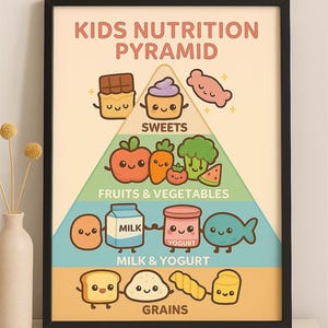 Könnte beinhalten: Gerahmtes Poster "Kinder-Ernährungspyramide". Es zeigt eine farbenfrohe Ernährungspyramide mit Cartoon-Illustrationen von Lebensmittelgruppen: Süßigkeiten, Obst, Gemüse, Milch, Joghurt und Getreide. Der Text "KIDS NUTRITION PYRAMID" steht oben.