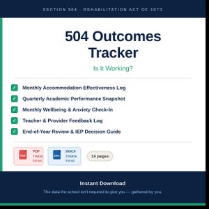 Könnte beinhalten: Ein 14-seitiges 504 Outcomes Tracker Dokument zum Rehabilitation Act of 1973. Es enthält ein Protokoll zur Wirksamkeit von Vorkehrungen, eine Übersicht der akademischen Leistungen, einen Check-in für Wohlbefinden, ein Feedback-Protokoll für Lehrkräfte sowie einen Leitfaden für die Jahresendbewertung. Verfügbar als PDF und DOCX.