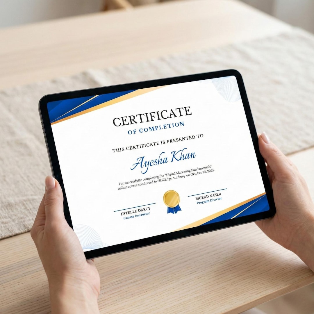 Editable Course Completion Ribbon Editable Course Completion Certificate Template | Blue & Gold (canva ...