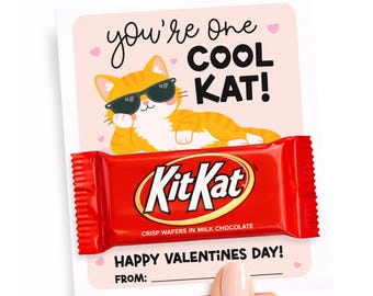 Kit Cat Valentines Day Card Printable, Kids Valentines Classroom Exchange, Chocolate Favor Tags
