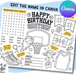 May include: Black and white basketball-themed activity sheet with the text "Happy Birthday Greyson". Includes a word search, basketball court illustrations, and a jersey design area. Features the Canva logo and Smart Scribbles Workbooks.