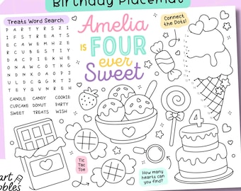 Set de table à colorier Four Ever Sweet Birthday à colorier | Activité d'anniversaire sur le thème des bonbons à imprimer | Fille 4e anniversaire