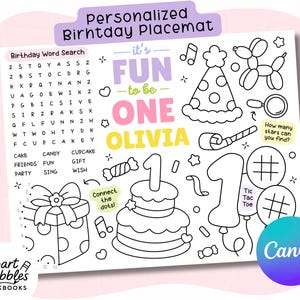 Puede incluir: Un mantel individual de papel rectangular para colorear con el texto Personalized Birhtday Placemat, it's FUN to be ONE OLIVIA, una sopa de letras, un pastel con una vela del número uno, un regalo, un gorro de fiesta y juegos.