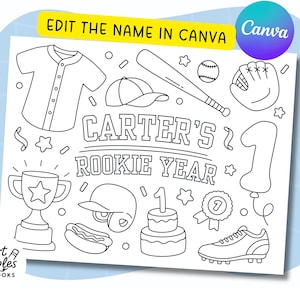 Può includere: Illustrazione in bianco e nero a tema baseball con la scritta "Carter's Rookie Year". Include una maglia da baseball, un berretto, una mazza, una palla, un guanto, un trofeo, un casco, un hot dog, una torta, una medaglia e una scarpa. È presente anche la scritta "Edit the name in Canva".