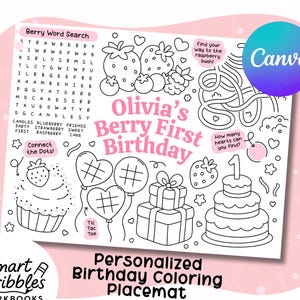 Mantel individual con actividades de primer cumpleaños de Berry, mantel individual editable para colorear - Descarga instantánea