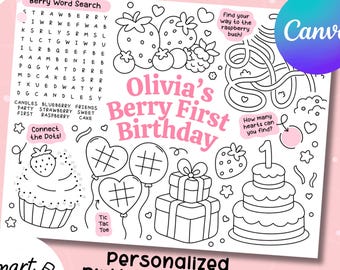 Berry First Birthday Activity Placemat, Editable Party Coloring Placemat - Instant Download