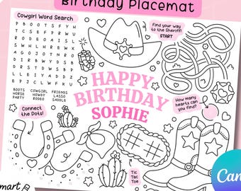 Pink Cowgirl Party Placemat, Editable Birthday Coloring and Activity Sheet - Instant Download