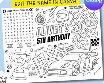Hoja para colorear de autos de carreras editable / Mantel individual de cumpleaños de autos deportivos / Colorear autos clásicos personalizados / Ruedas de recuerdo para fiesta de carreras deportivas