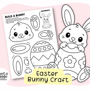 Könnte beinhalten: Schwarz-weiße Osterhasen-Bastelarbeit mit dem Text "Easter Bunny Craft". Das Basteln beinhaltet eine Hasenkontur, ein Ei und Hasenteile zum Ausschneiden. Das Logo von Smart Scribbles Workbooks befindet sich in der unteren linken Ecke.