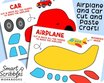 Construye un avión y un automóvil: manualidad para cortar y pegar para niños de preescolar a segundo grado