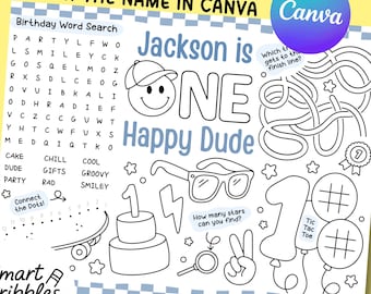 One Happy Dude Activity Page, Personalized Coloring Placemat for Boys First Birthday