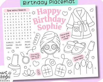 Spa Birthday Party Coloring Placemat Printable | Girls Spa Party Activity Sheet | Pamper Party Placemat | Editable Canva