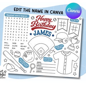 Pode incluir: Uma folha de atividades com tema de beisebol com o texto "Happy Birthday JAMES". Inclui uma pesquisa de palavras de beisebol, jogo da velha e outras ilustrações relacionadas ao beisebol. A folha foi projetada para ser editada no Canva.