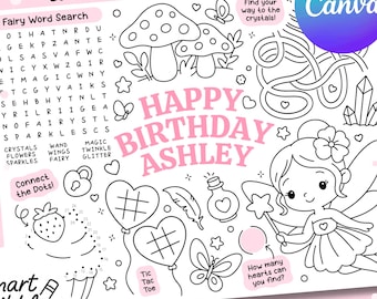 Personalized Fairy Birthday Activity Placemat, Fairy Coloring Sheet - Digital Download