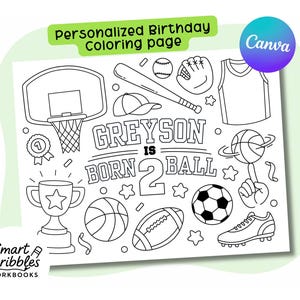 Personalized Born 2 Ball Birthday Coloring Sheet | Printable Sports Theme Party 2 Year Old