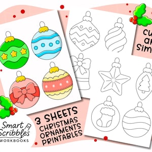 May include: Three sheets of Christmas ornament printables. The sheets feature colorful and black and white designs. The colorful ornaments include a green ornament with yellow stars, a blue ornament with blue dots, and a pink ornament with a red bow. The text "cute and simple" is visible.