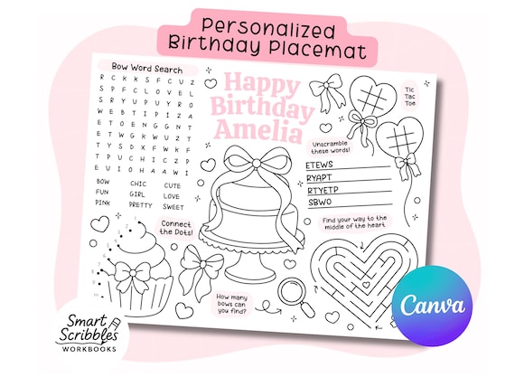 Editable Bow Party Activity Placemat | Printable Coquette Bow Birthday Coloring Sheet | Girls Just Want to Be One