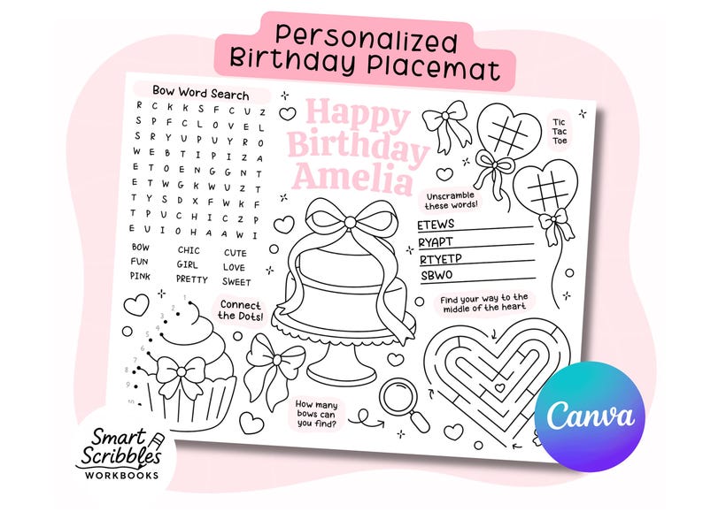 May include: Personalized birthday placemat with a pink header. Features a bow word search, connect-the-dots, unscramble words, and a heart-shaped maze. Includes a cake, cupcake, and balloons. The text reads "Happy Birthday Amelia".