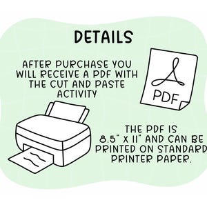 Peut inclure: Illustration en noir et blanc avec le mot &laquo;&nbsp;DETAILS&nbsp;&raquo; en haut. L'image comprend une imprimante, une ic&ocirc;ne de document PDF et du texte indiquant que le PDF est de 21,6 cm x 27,9 cm et peut &ecirc;tre imprim&eacute; sur du papier d'imprimante standard.