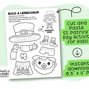 Peut inclure: Feuille d'activit&eacute; de la Saint-Patrick &agrave; imprimer en noir et blanc pour enfants. La feuille comprend des instructions et des pi&egrave;ces &agrave; d&eacute;couper pour construire un leprechaun, avec un chapeau, des chaussures et des v&ecirc;tements. Le texte dit "Activit&eacute; de la Saint-Patrick &agrave; d&eacute;couper et coller pour enfants !" et "T&eacute;l&eacute;chargement instantan&eacute; 21,6 cm x 27,9 cm PDF".