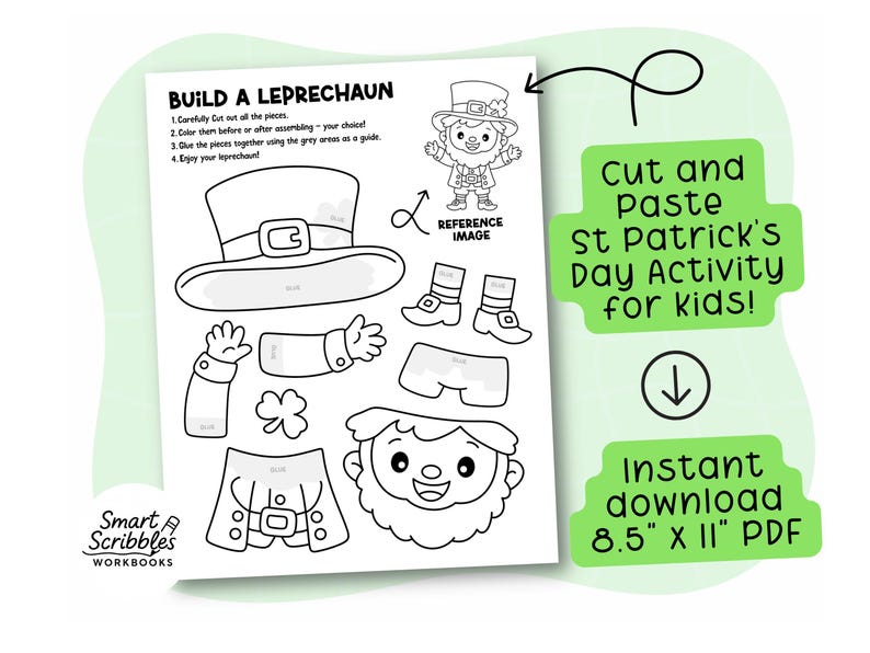 Peut inclure: Feuille d'activit&eacute; de la Saint-Patrick &agrave; imprimer en noir et blanc pour enfants. La feuille comprend des instructions et des pi&egrave;ces &agrave; d&eacute;couper pour construire un leprechaun, avec un chapeau, des chaussures et des v&ecirc;tements. Le texte dit "Activit&eacute; de la Saint-Patrick &agrave; d&eacute;couper et coller pour enfants !" et "T&eacute;l&eacute;chargement instantan&eacute; 21,6 cm x 27,9 cm PDF".