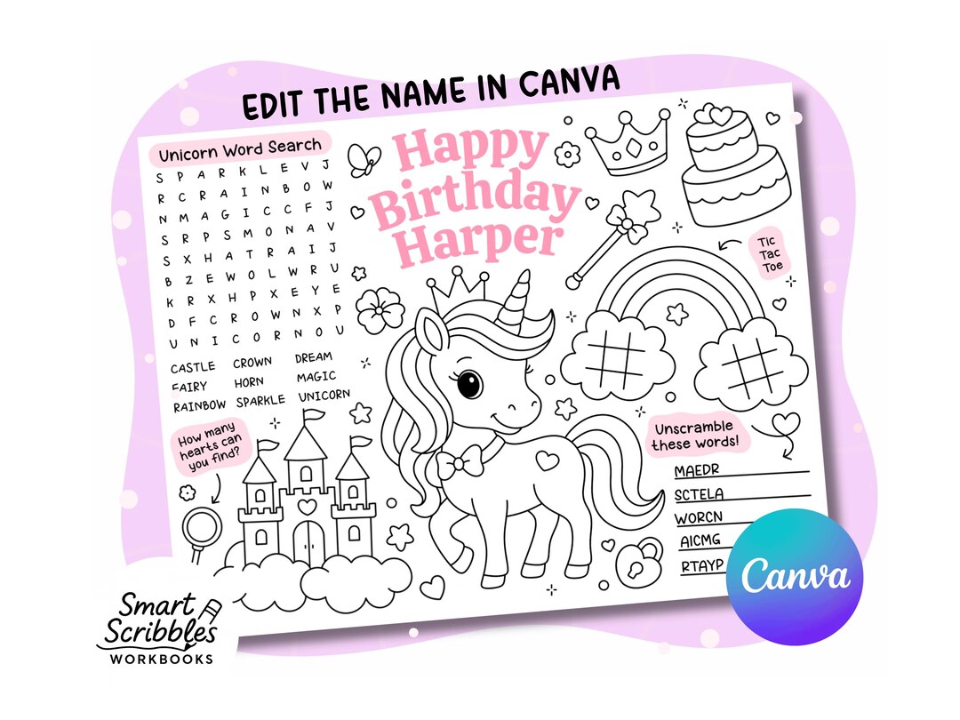 Personalized Unicorn Birthday Coloring Placemat | Printable Birthday ...