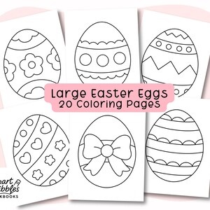 Peut inclure: Six pages à colorier blanches avec de grands motifs d'œufs de Pâques. Le texte "Large Easter Eggs 20 Coloring Pages" est affiché sur une bannière rose. Le logo Smart Scribbles Workbooks est en bas à gauche.