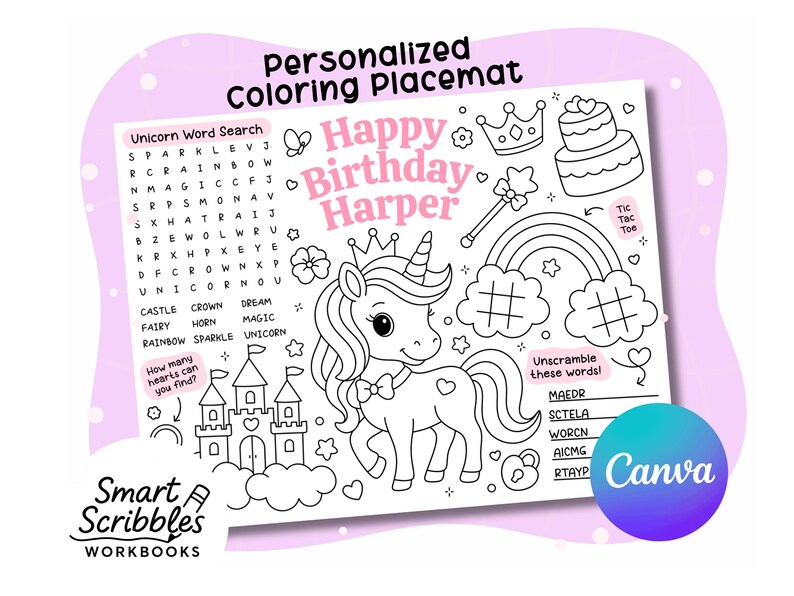 Unicorn Birthday Coloring Placemat Custom | Printable Birthday Party ...