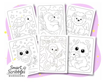 Puede incluir: Una colección de libros para colorear para niños con varios animales, incluyendo una tortuga, un perezoso, un león, un búho, un mono y un gato. Cada página tiene un contorno negro del animal y su entorno. La marca "Smart Scribbles Workbooks" es visible.
