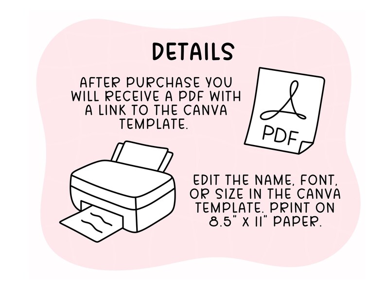 May include: A digital design graphic with the word "DETAILS" in bold black font. The image includes a printer, a PDF icon, and text explaining the process of receiving a PDF with a Canva template link after purchase. The design is to be printed on 8.5" x 11" paper.