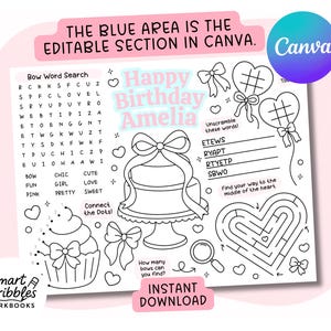 May include: Black and white printable birthday activity sheet with a cake, cupcake, word search, maze, and unscramble puzzles. The sheet includes the text "Happy Birthday Amelia" and "Instant Download".