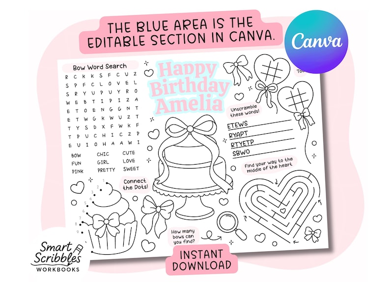 May include: Black and white printable birthday activity sheet with a cake, cupcake, word search, maze, and unscramble puzzles. The sheet includes the text "Happy Birthday Amelia" and "Instant Download".