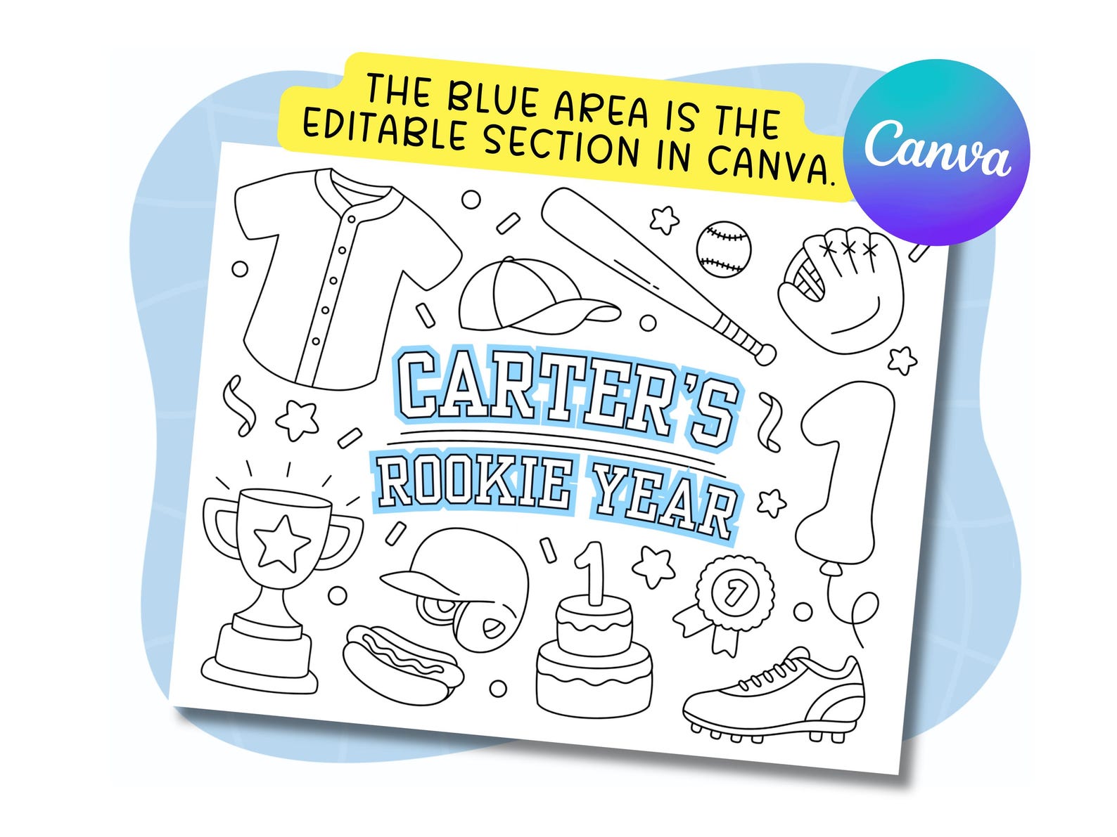 Personalized Rookie Year Coloring Page | Baseball 1st Birthday Coloring ...
