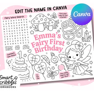 以下が含まれることがあります： 「Emma's Fairy First Birthday」のテキストが入った、白黒の塗り絵ページ。単語検索、点つなぎ、その他のアクティビティが含まれています。Canvaのロゴが見えます。