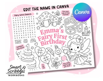 Fairy First Birthday Coloring Page, Editable Party Activity Placemat - Digital Download