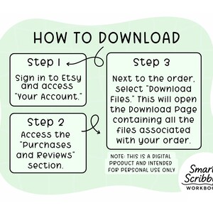 Peut inclure: Un guide num&eacute;rique intitul&eacute; &laquo;&nbsp;COMMENT T&Eacute;L&Eacute;CHARGER&nbsp;&raquo; avec des instructions pour acc&eacute;der et t&eacute;l&eacute;charger des fichiers depuis Etsy. Le guide est sur un fond vert clair avec du texte noir et des bo&icirc;tes blanches. Le logo Smart Scribbles Workbooks est en bas &agrave; droite.