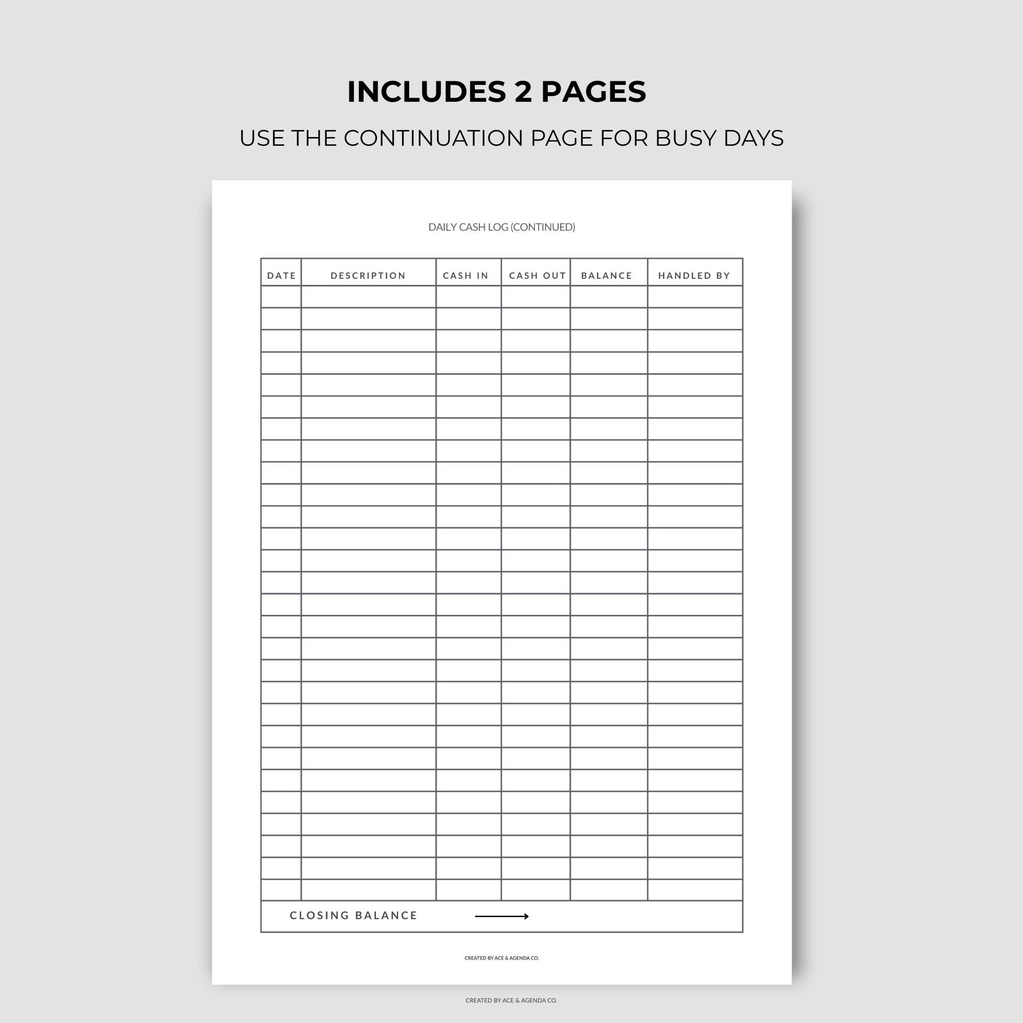 Small Business Cash Log Printable | Daily Cash In/out Tracker (A4/US ...