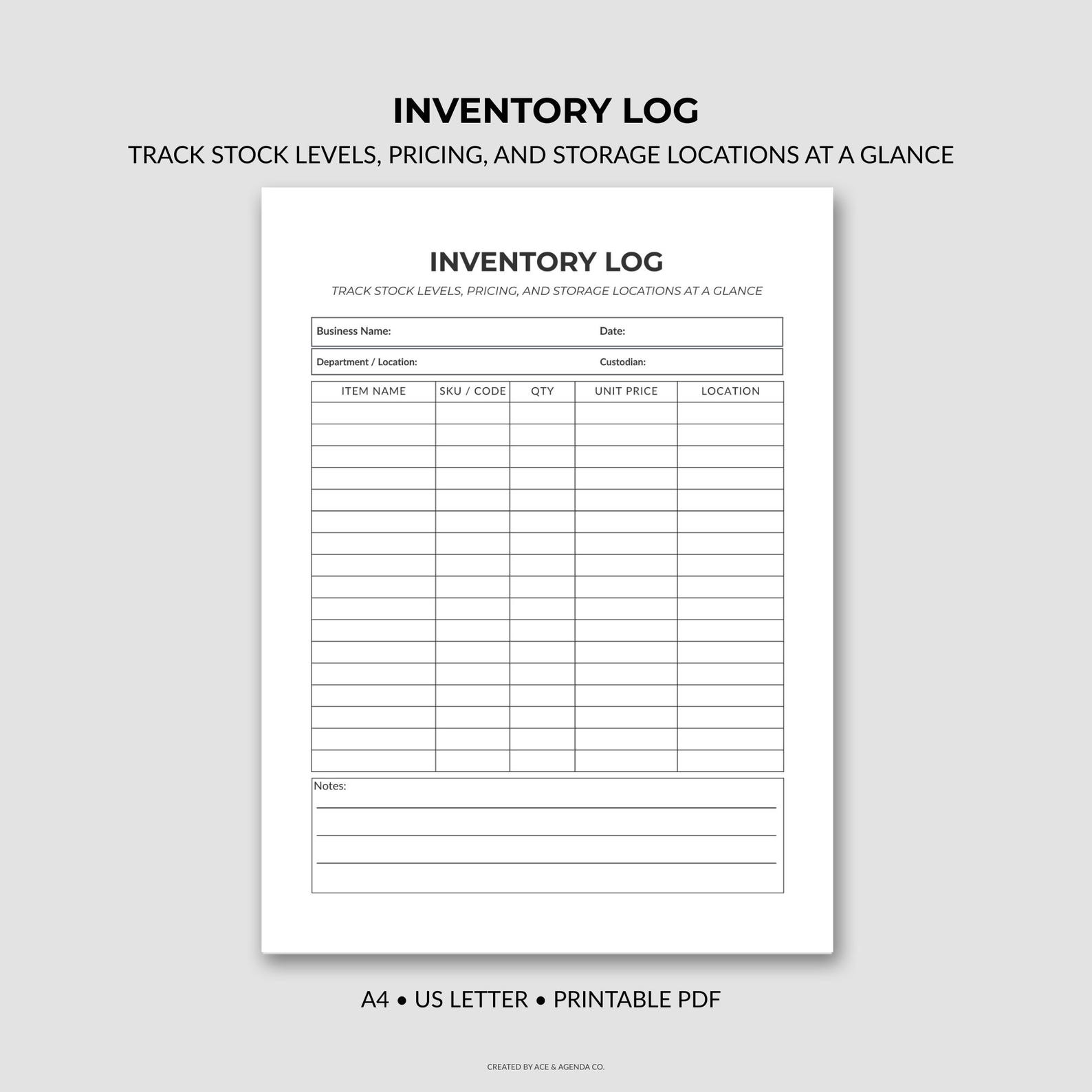 Inventory Log Printable | Small Business Stock Tracker (PDF Download ...