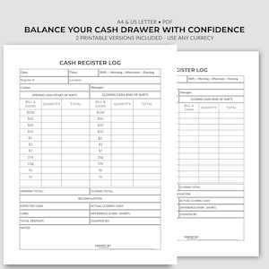 Feuille de comptage de caisse imprimable | Journal de rapprochement quotidien de la caisse (téléchargement PDF)