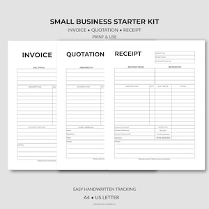 Puede incluir: Un conjunto de plantillas de papel blanco para pequeñas empresas, que incluyen facturas, presupuestos y recibos. El texto incluye "Small Business Starter Kit", "Print & Use" y "Easy Handwritten Tracking". Formatos A4 y US Letter.