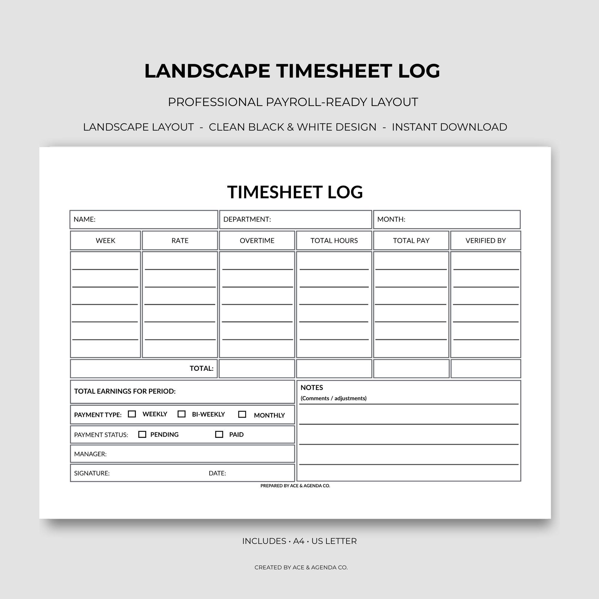 Usfs Time Sheet.pdf Landscape Timesheet Log, Weekly Payroll Summary Tracker (PDF Download ...