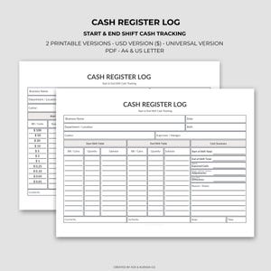 May include: A black and white printable cash register log for tracking start and end shifts. The document includes fields for business name, date, department, cashier, and tables for bills and coins, plus a cash summary section for totals.
