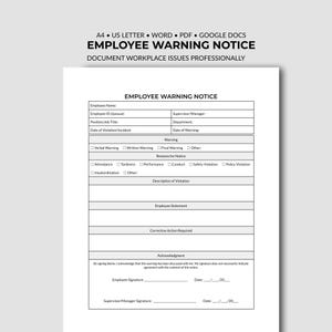 May include: A white document template titled EMPLOYEE WARNING NOTICE with fields for employee name, ID, supervisor, department, date, and violation details. It includes checkboxes for warning types and reasons, plus signature lines for acknowledgment.