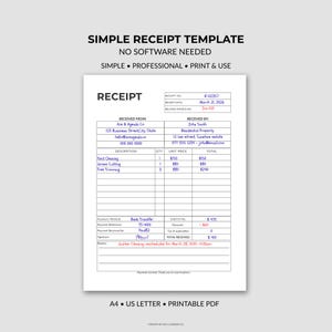 May include: A printable receipt template with the text "SIMPLE RECEIPT TEMPLATE" at the top. The receipt includes fields for business and customer information, a description of services, and payment details. The document is labeled "A4 • US LETTER • PRINTABLE PDF".