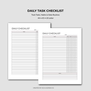 Op de afbeelding: Twee witte dagelijkse takenlijstbladen met de tekst "DAILY TASK CHECKLIST" bovenaan. De bladen bevatten secties voor taken, datums en notities. De checklist is ontworpen voor het volgen van taken, gewoonten en dagelijkse routines. De bladen zijn verkrijgbaar in A4, A5 en US Letter formaten.